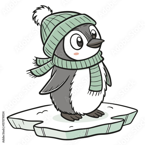 Cute Penguin Wearing Green Knit Beanie and Scarf on Ice Floe
