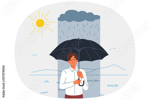 Failure and misfire haunt man standing with umbrella in rain, located in sunny area. Failure negatively affect mood of guy in business clothes, upset due to lack of luck and fortune.