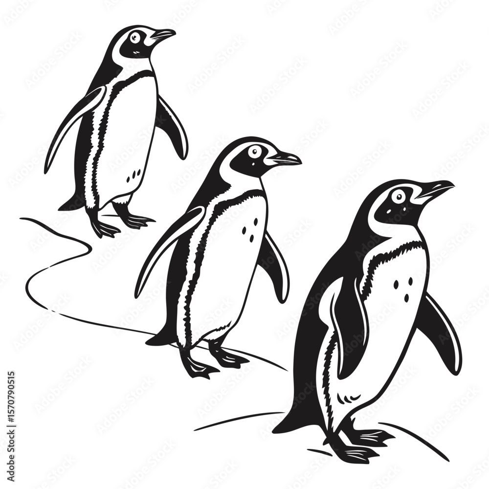 Naklejka premium Three Black and White Penguin Silhouettes on Ice vector