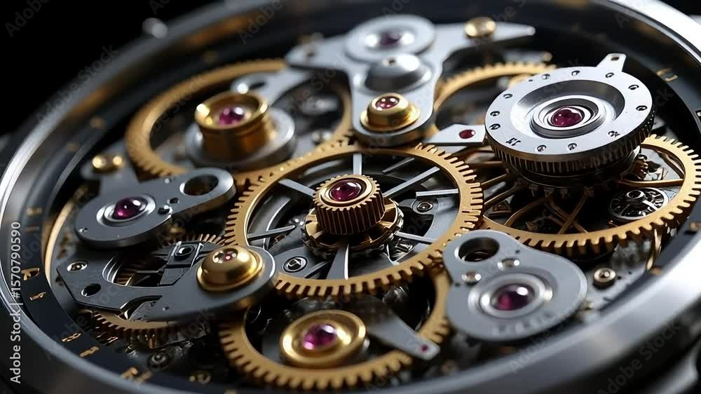 Close examination reveals the exquisite mechanism of a watch, showcasing its precise gears and intricate mechanical movement.