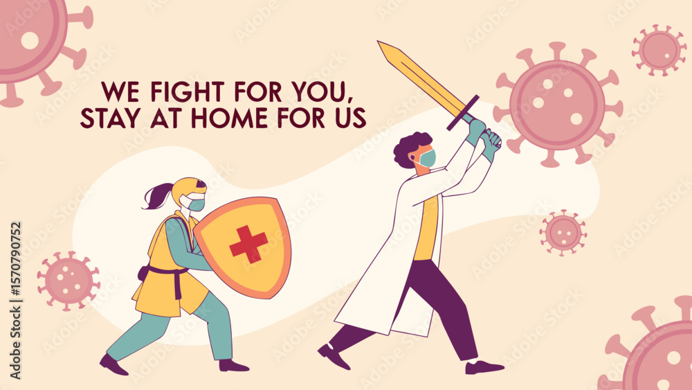 Obraz premium A healthcare worker and a superhero stand united against viruses, emphasizing the importance of staying at home.