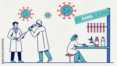 Two medical professionals in lab coats examining SARS-CoV-2 with lab equipment, syringe, and protective gear.