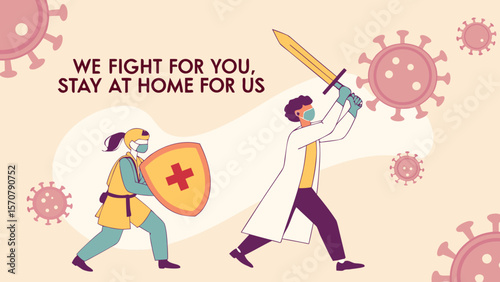 A healthcare worker and a superhero stand united against viruses, emphasizing the importance of staying at home.
