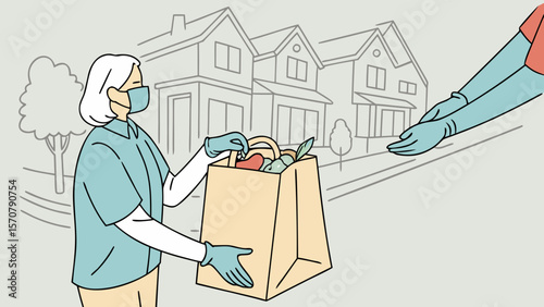Elderly woman receives a grocery bag from a volunteer, showcasing community support amid a serene neighborhood.