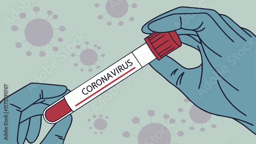 A close-up of gloved hands holding a test tube labeled 'CORONAVIRUS', symbolizing COVID-19 testing.