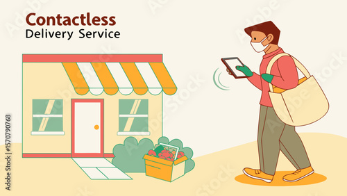 A young South Asian man in a mask uses a tablet to order from a contactless delivery service outside a small shop.