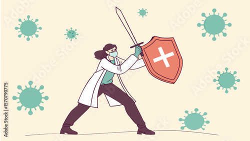 Female healthcare worker, armed with a sword and shield, symbolizing the fight against viruses in a creative illustration.