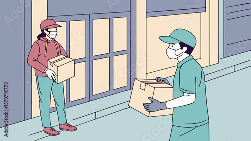 Two delivery workers, one male and one female, wearing masks and gloves, interact while delivering packages in a city setting.