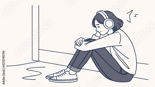 A young woman with short hair sits against a wall, listening to music with headphones, lost in thought.