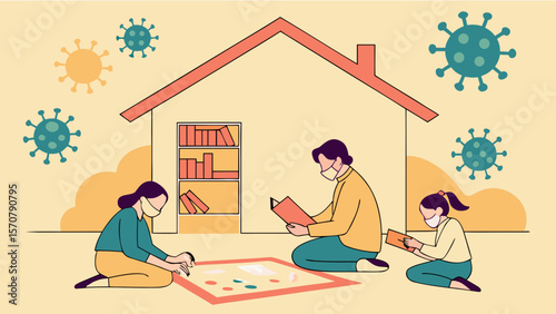 A family of three, including a boy and two girls, engages in a creative activity at home while wearing masks during a pandemic.
