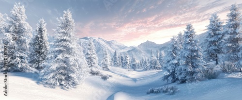 The breathtaking winter landscape of snow-covered trees and mountains.