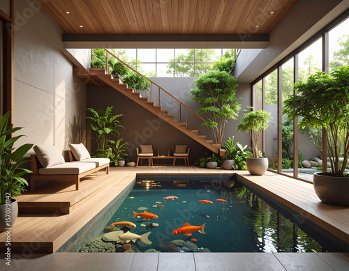 Modern minimalist house interior with fish pond under the stairs photo