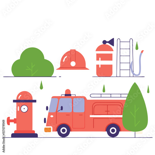 Firefighting Equipment Flat Design Illustration