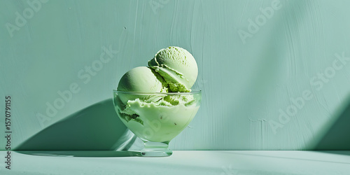 Green ice cream scoops in glass bowl on green background
