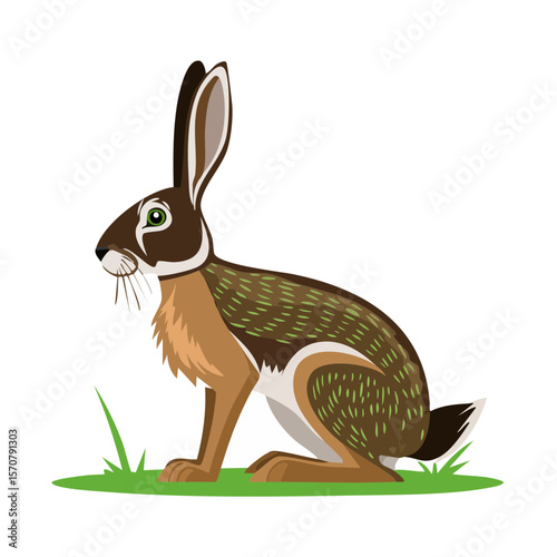Vector Illustration of a European Hare Sitting on Green Grass Patch