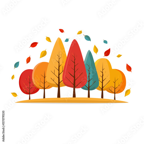 Stylized Autumnal Trees with Geometric Overlays on Black Background