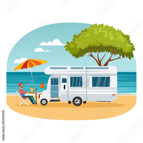 RV Vacation at the Beach with a Tree Growing Through It, Vector Art