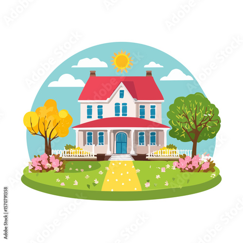 Cartoon House with Garden in Spring or Summer
