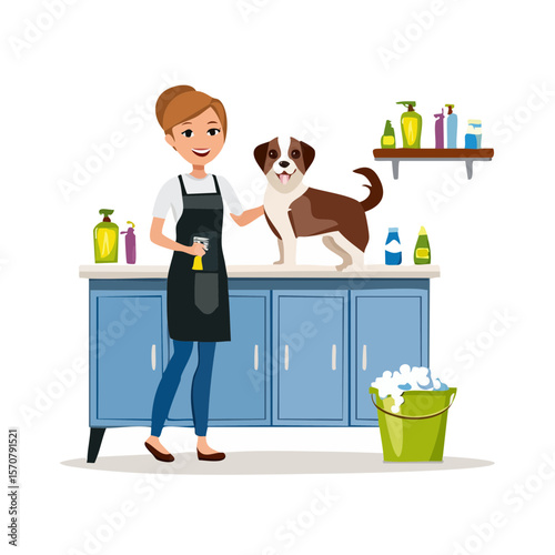 Cartoon illustration of a dog groomer with a dog on a grooming table