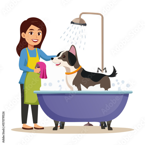 Dog Grooming Scene: Woman Bathing a Dog in a Tub with Shower in Background