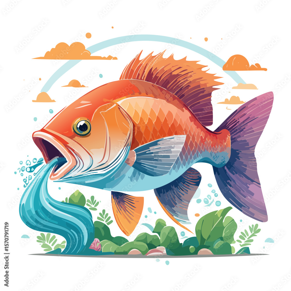 Naklejka premium Stylized Orange Fish Illustration with Water and Vegetation