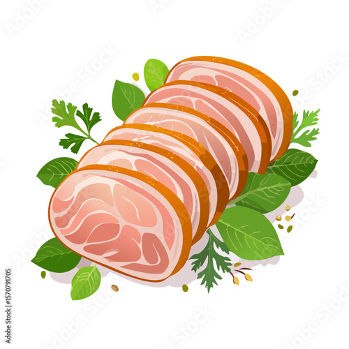 Delicious Sliced Ham and Fresh Greens Still Life Vector Illustration