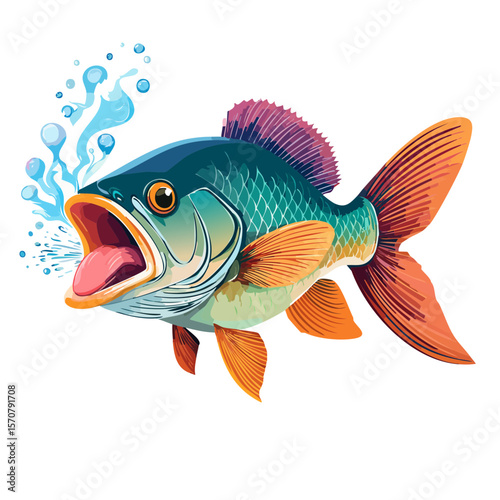 Animated Cartoon Fish with Mouth Open, Swimming Upwards with Splashing Water
