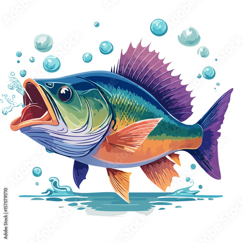 Cartoon Fish with Open Mouth in Water with Bubbles, Vector Illustration