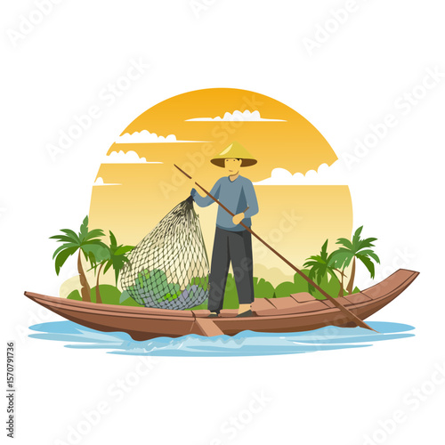 Traditional Vietnamese Fisherman on Boat in Sunset River Scene Illustration