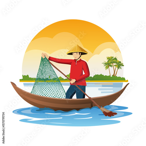 Asian Fisherman in a Boat: Traditional Fishing Scene in Southeast Asia