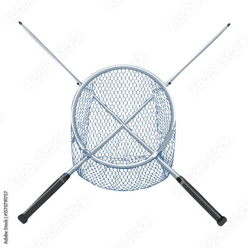 Fishing Landing Net with Crossed Handles and Fine Mesh on Black Background