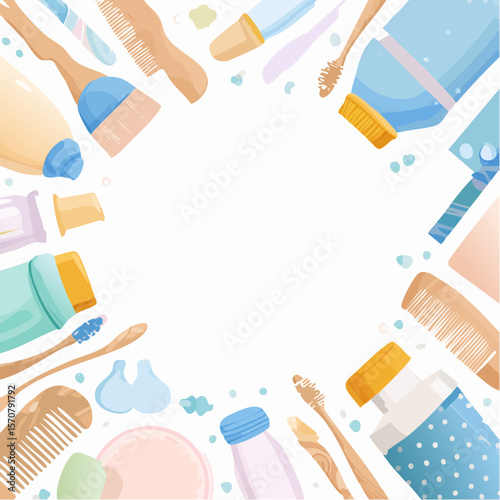 Bathroom items arrangement for beauty routine and personal hygiene