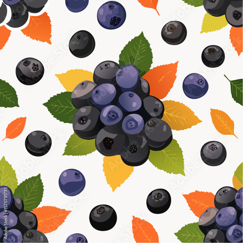 Seamless pattern of blueberries and leaves, perfect for autumn designs