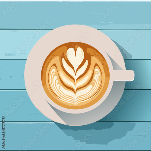 Coffee Cup with Latte Art on Blue Wooden Table - Vector Illustration
