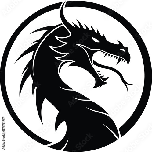 Vector art of a black dragon with a long tongue is coiled within a circle
