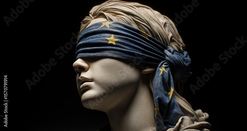 Justice Statue Blindfolded by European Union Flag Concept