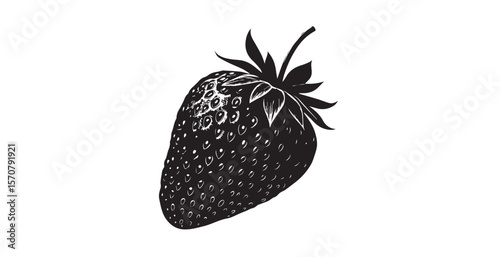 Detailed illustration of a single strawberry in a striking black and white silhouette style