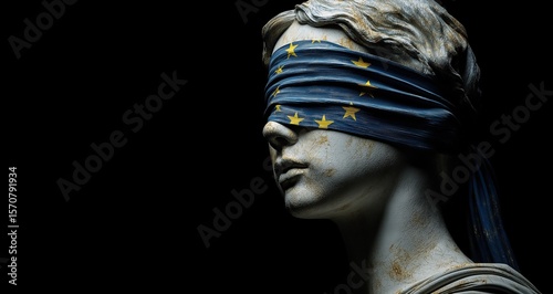 Justice Statue Blindfolded by European Union Flag Concept