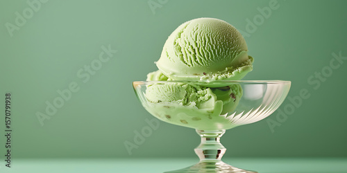 Green ice cream scoop in glass bowl on green background
