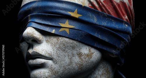 Justice Statue Blindfolded by European Union Flag Concept