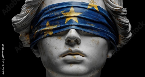 Justice Statue Blindfolded by European Union Flag Concept