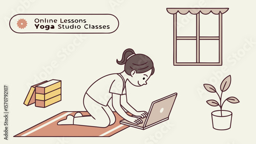 A young South Asian female practicing yoga in front of her laptop at home, blending fitness with online learning.