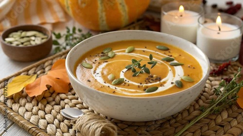 Creamy Pumpkin Soup Served in a White Bowl with Fall Decorations and Candles on a Table