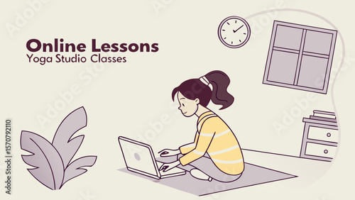 A young Asian female student practices yoga online, sitting on a mat with a laptop in a cozy room.