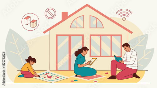 A mother and her child engage in creative play at home, while the father works on a tablet, showcasing family bonding.