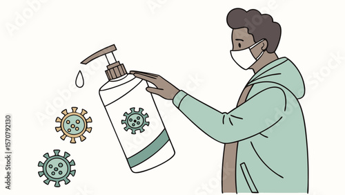 A young Black man wearing a face mask, using hand sanitizer to protect against germs, promoting health and safety.