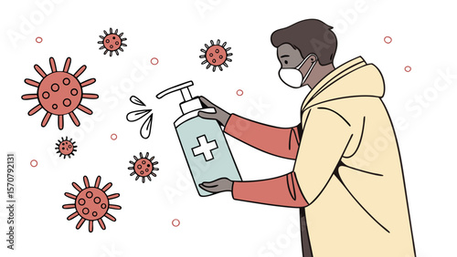 A young Black man in a mask dispenses hand sanitizer, surrounded by illustrations of viruses, symbolizing health and safety precautions.