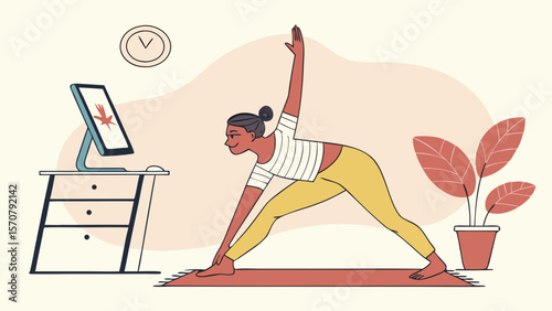 A young Black woman practicing yoga at home, following an online session with a serene expression.