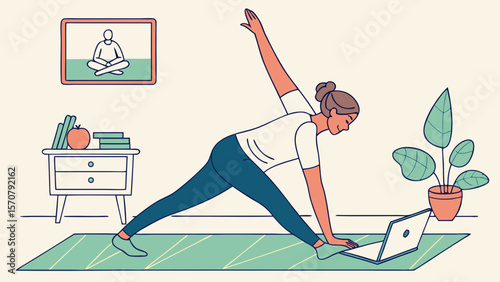 A fit, young woman practicing yoga at home, focused on her online class with a serene atmosphere.