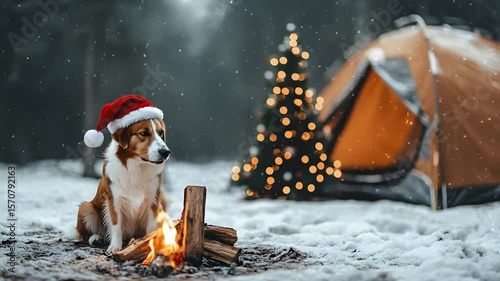 Cozy Scene with Dog in Santa Hat by Campfire During Winter Holiday in Snowy Forest